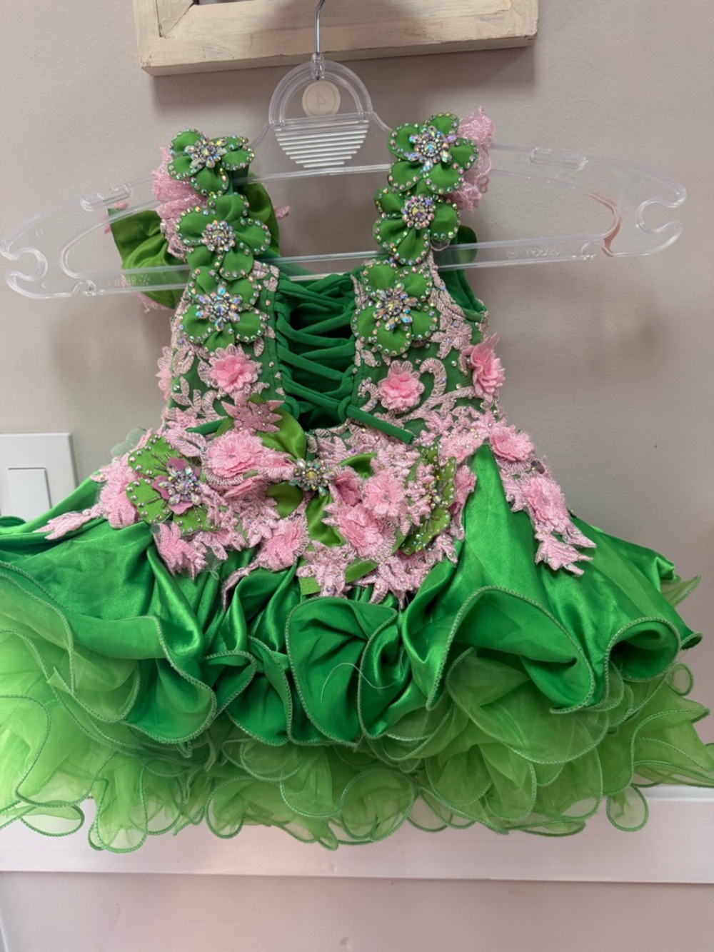 Girls Green & Pink Floral Lace-Up Formal Dress